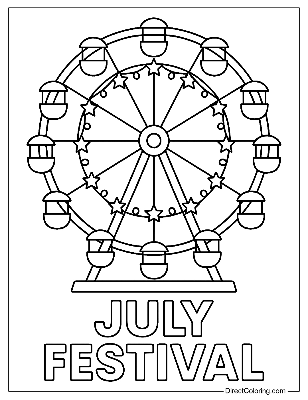A July festival ferris wheel coloring page with star and striped lights